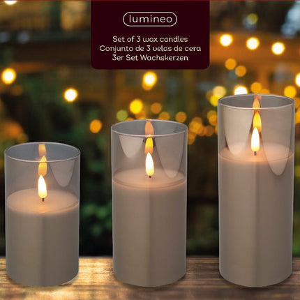 Lumineo LED kaarsen in glas set van 3 stuks - rookgrijs