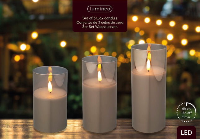 Lumineo LED kaarsen in glas set van 3 stuks - rookgrijs