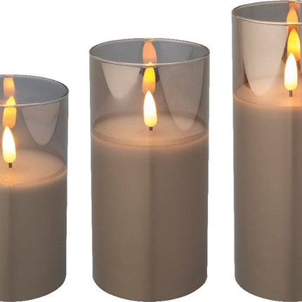 Lumineo LED kaarsen in glas set van 3 stuks - rookgrijs