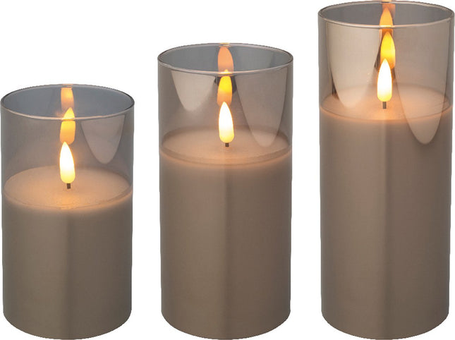 Lumineo LED kaarsen in glas set van 3 stuks - rookgrijs
