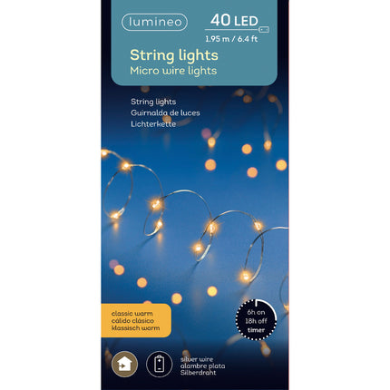 Lumineo micro LED string lights - 195cm - 40 lamps - zilver+ klassiek warm