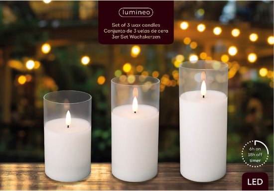 Lumineo LED kaarsen in glas set van 3 stuks - wit