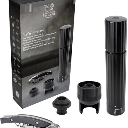 Peugeot Pop'n' Preserve Giftset Zwart – Kurkentrekker & Bewaarpomp