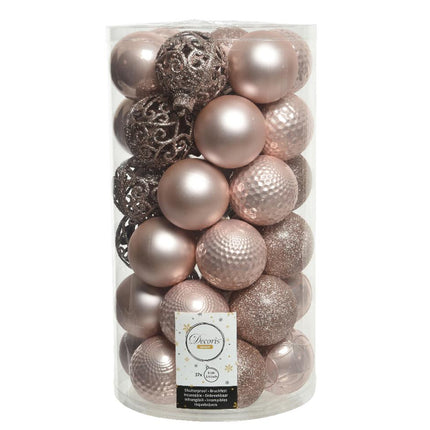 Kerstballen kunststof mix koker 37 stuks - Ø6cm - matt shiny glitter mix poeder roze