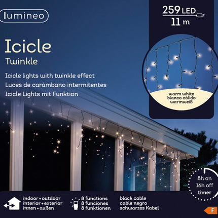 Lumineo LED icicle lights twinkle 8 functies voor buiten - 1100cm - 259 lamps - warmwit