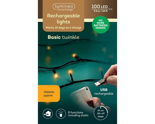 Lumineo LED Duracharge/oplaadbare Basic Lights  - 7,43 meter - 100 lamps - Klassiek Warm