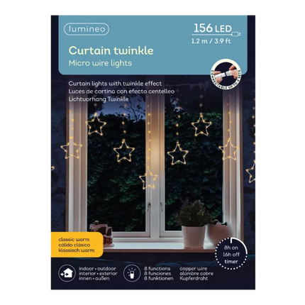 Lumineo LED raamgordijn Ster voor binnen+buiten - 8 functies - 120 x hoog 60 cm - 200 lamps - Klassiek Warm